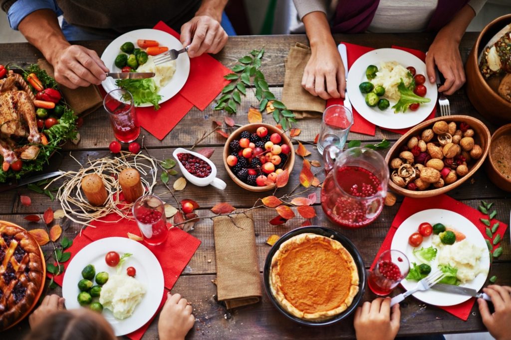 Aerial shot of Thanksgiving feast